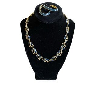Trifari Gold Tone Navy Blue Enamel Necklace and Earrings